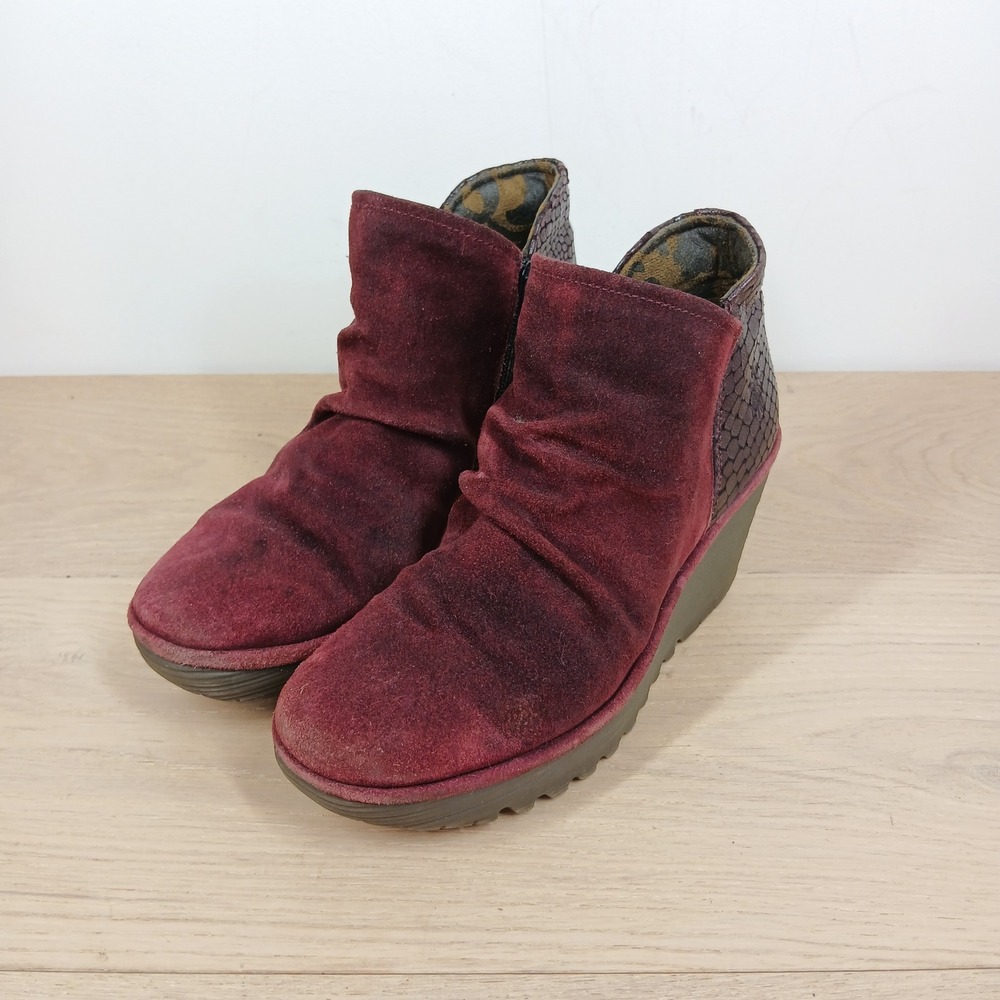 Fly London Ankle Boots Womens 7.5 Burgundy Leather Wedge Slouchy Boho Artisanal